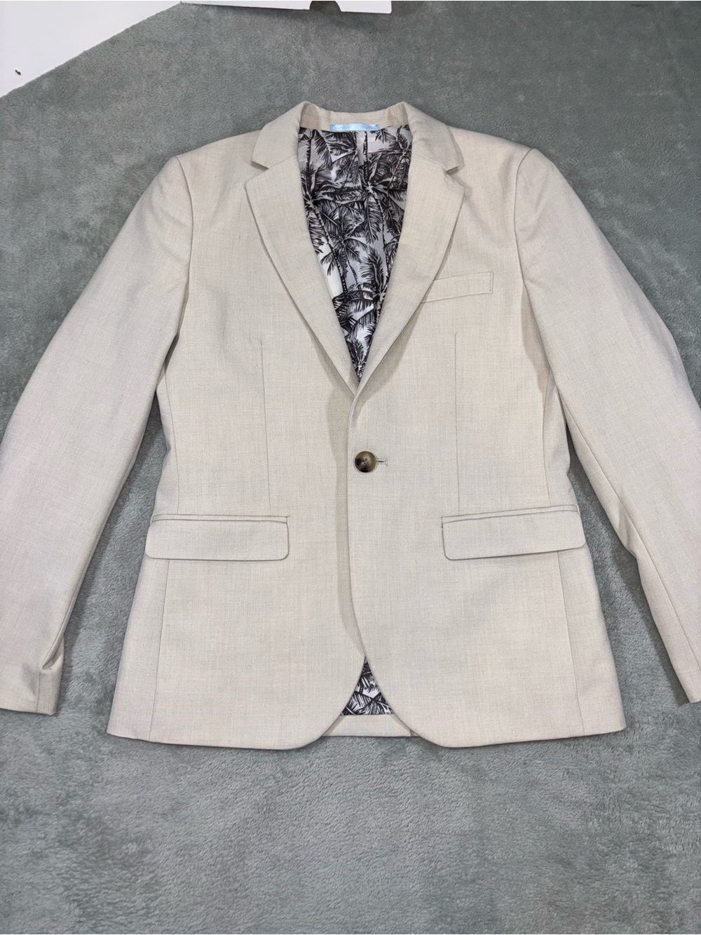 Next Boys Skinny Fit Beige Blazer Suit Jacket Tropical Palm Lining Size 12Y